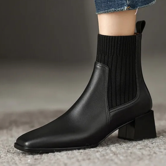 Women's Genuine Leather Square Toe Ankle Boots with Chunky Heel - Winter Knitted - Picture 4 of 16